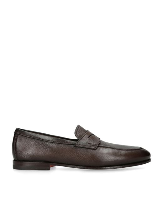 Santoni Brown Grained Leather Carlos Loafers for men