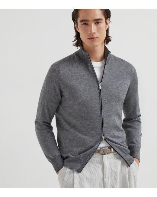 Brunello Cucinelli Gray Cashmere-Silk Cardigan for men