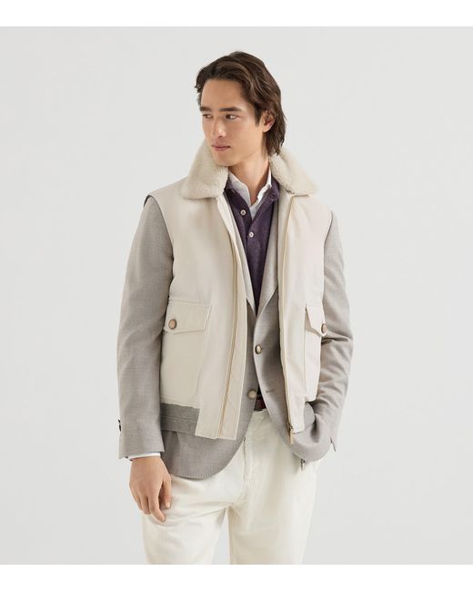 Brunello Cucinelli White Waxed Shearling-Collar Gilet for men