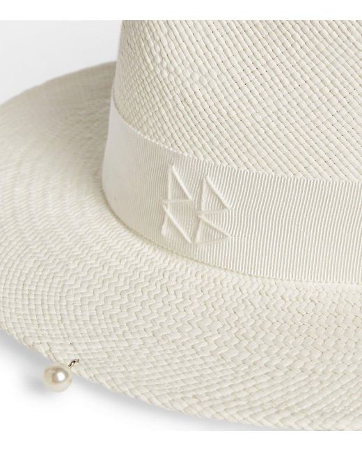 Ruslan Baginskiy White Straw Fedora Hat With Pearl Chain Chin Strap