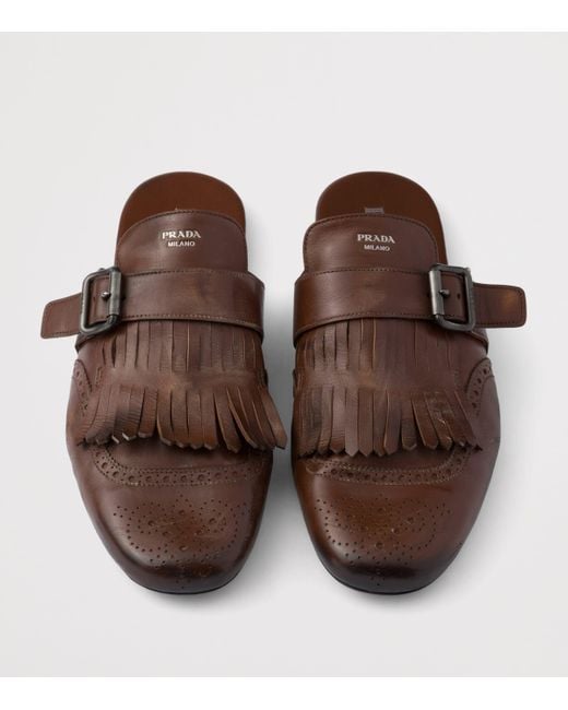 Prada Brown Antiqued Leather Shuffle Mules for men