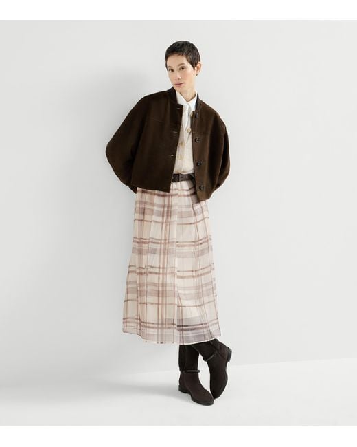 Brunello Cucinelli Natural Silk Check Midi Skirt