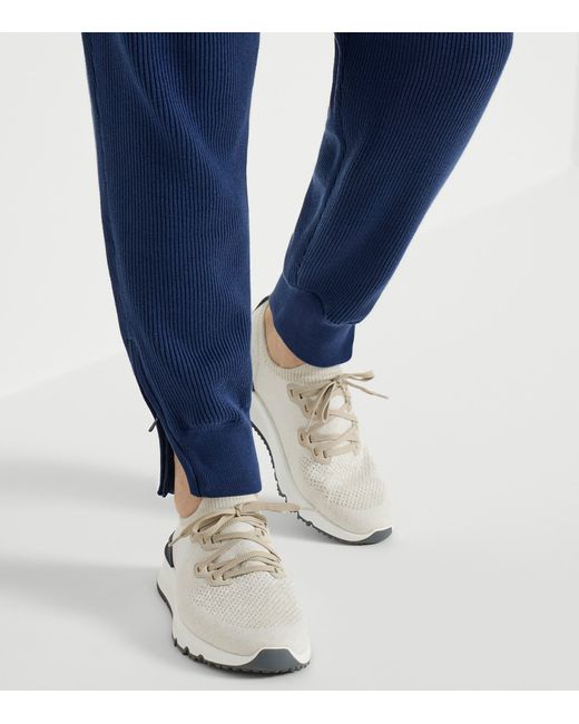 Brunello Cucinelli White Cotton-Blend Chiné-Knit Sneakers for men