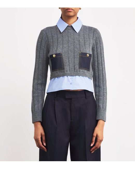 Sandro Blue Wool-Cashmere Poplin-Trim Sweater