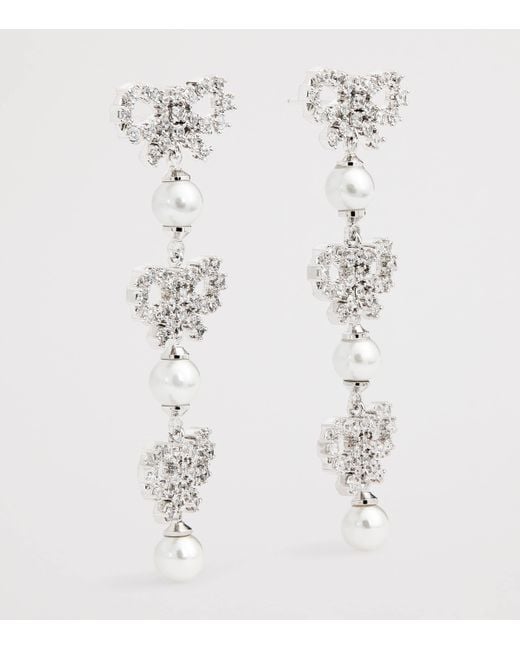 Self-Portrait White Crystal And Faux Pearl Bow Tiered Earrings