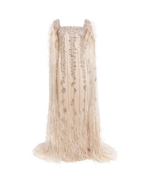 Pamella Roland Natural Tulle Embellished Cape Gown
