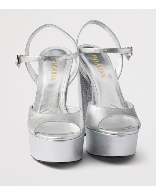 Prada White Patent Saffiano Leather Platform Sandals 115