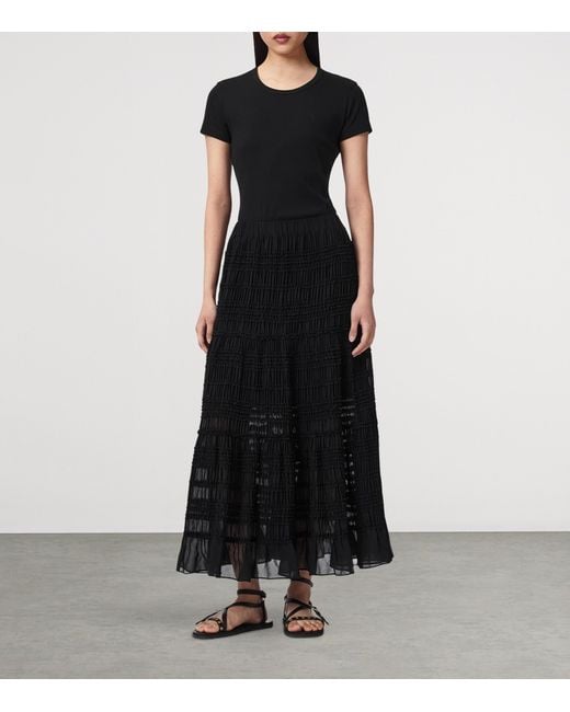 AllSaints Black Shirred Lotus Maxi Skirt