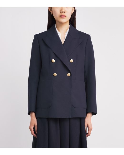 Sandro Blue Virgin Wool-Cotton Double-Breasted Slim Blazer