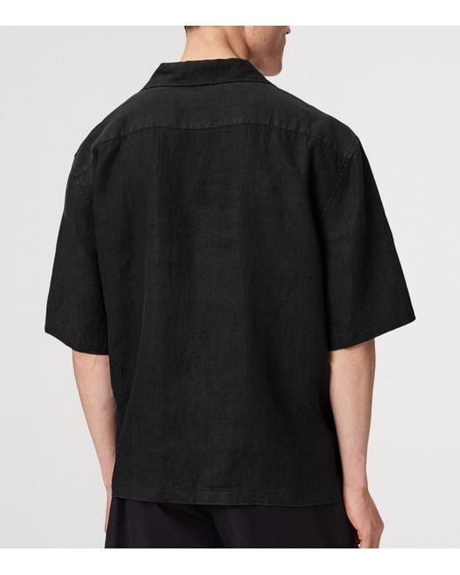 AllSaints Black Linen Embroidered Avia Shirt for men