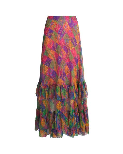 Etro Red Silk Geometric Paisley-Motif Midi Skirt