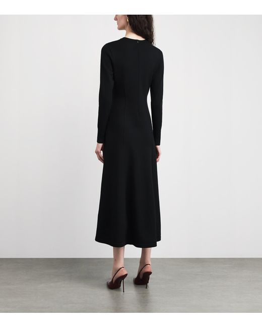 Carolina Herrera Black Virgin Wool-Silk Floral Embroidered Midi Dress