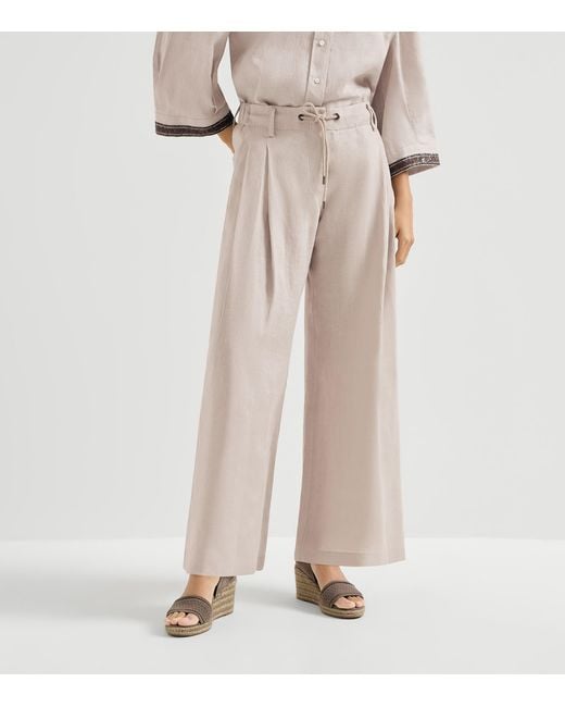 Brunello Cucinelli Natural Linen Drawstring Wide-Leg Trousers