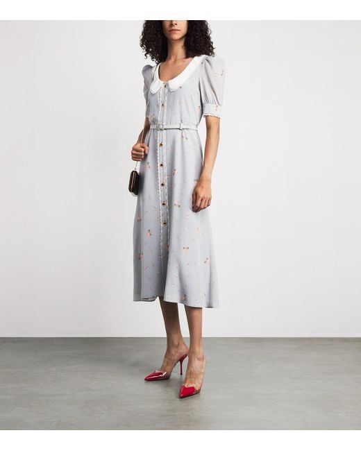 Alessandra Rich Gray Floral Print Belted Midi Dress