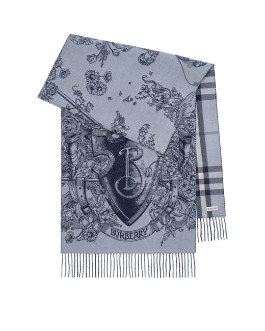 Burberry Blue Cashmere Reversible Etched Knight Scarf