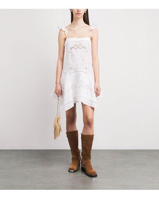 Self-Portrait White Linen-Cotton Embroidered Mini Dress