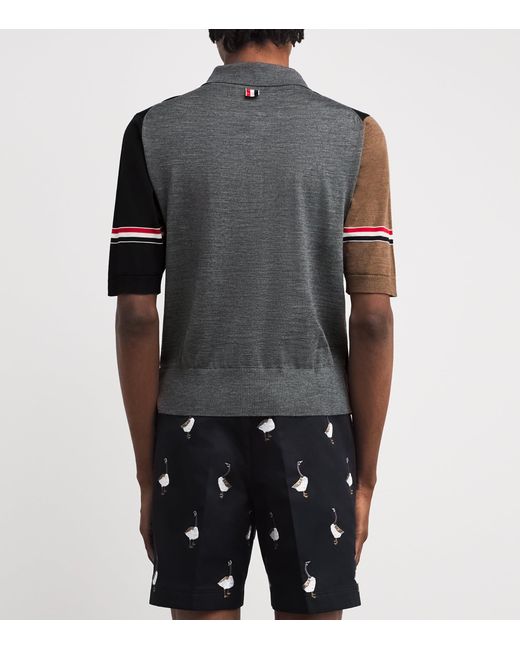 Thom Browne Black Virgin Wool Tricolour Polo Shirt for men