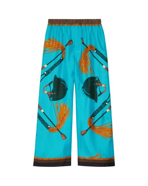 Gucci Blue Silk Equestrian Print Trousers