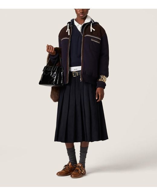Miu Miu Black Waxed Suede Pleated Midi Skirt