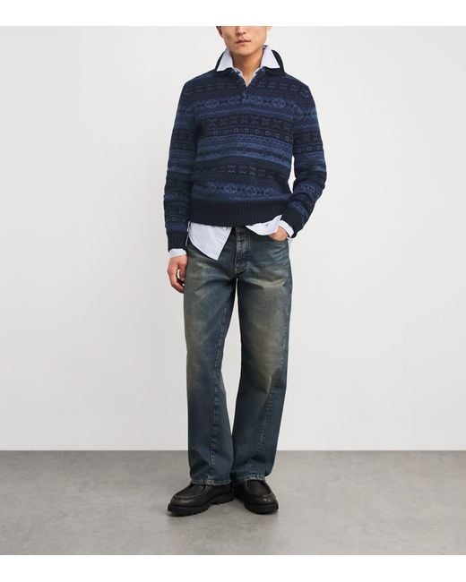 Ralph Lauren Blue Wool-Linen Fair Isle Polo Sweater for men