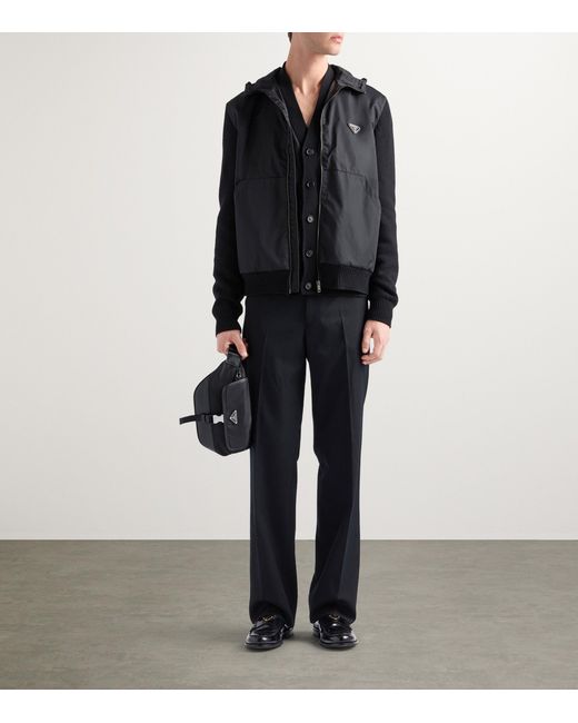 Prada Black Wool-Cashmere-Sleeve Zip-Up Hoodie for men