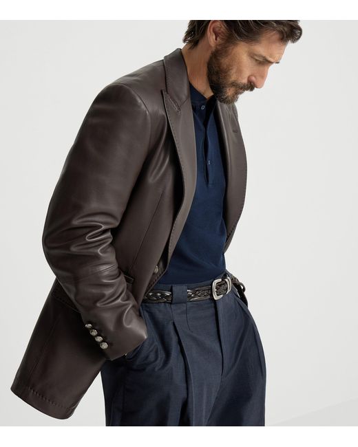 Brunello Cucinelli Blue Leather Single-Breasted Blazer for men