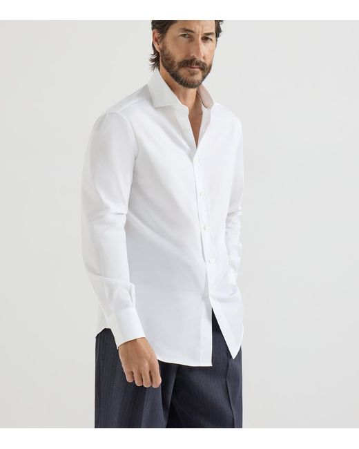 Brunello Cucinelli White Cotton Twill Shirt for men