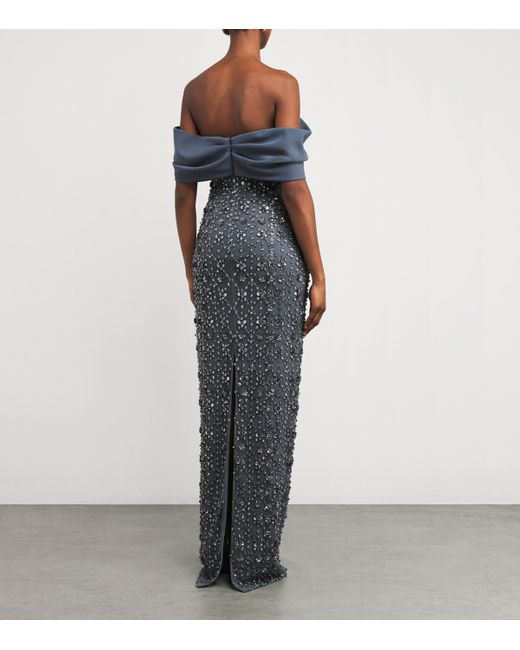 Pamella Roland Blue Embellished Off-The-Shoulder Gown