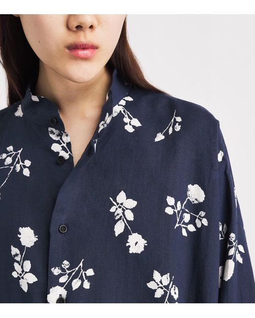 Eskandar Blue Linen Floral Midi Shirt Dress