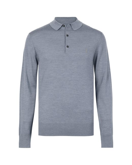 AllSaints Blue Merino Wool Mode Polo Sweater for men