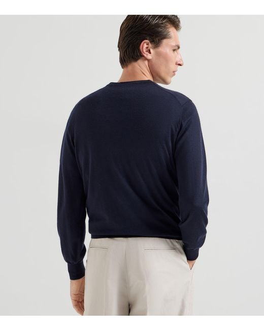 Brunello Cucinelli Blue Cashmere-Silk V-Neck Sweater for men