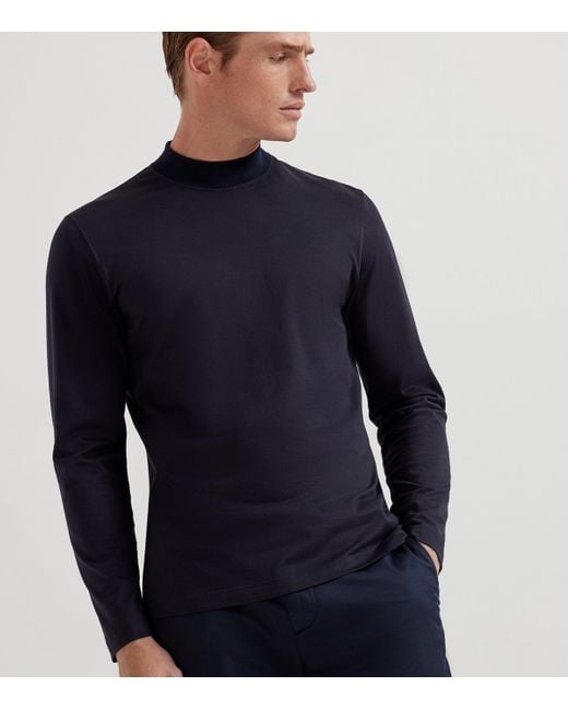 Brunello Cucinelli Blue Cotton High-Neck T-Shirt for men