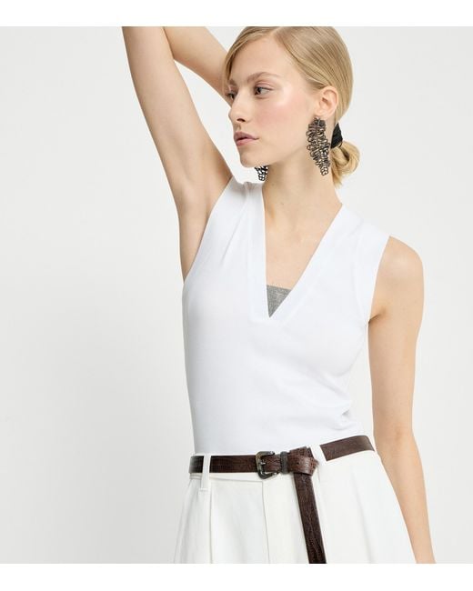 Brunello Cucinelli White Embellished Stretch-Cotton T-Shirt
