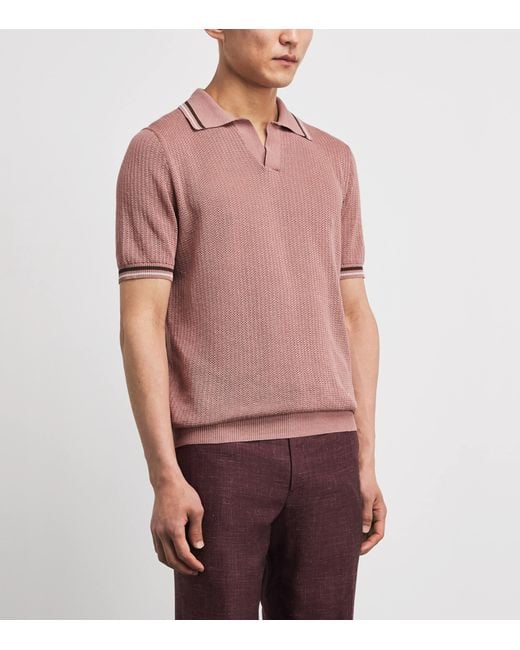 Isaia Pink Silk-Linen Open-Collar Polo Shirt for men