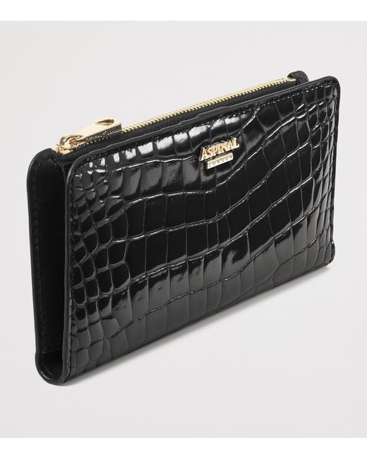 Aspinal Black Large Leather Croc-Embossed Mayfair Purse