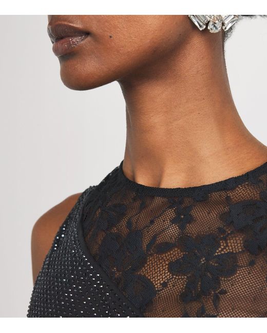 Self-Portrait Black Rhinestone-Lace One-Shoulder Top