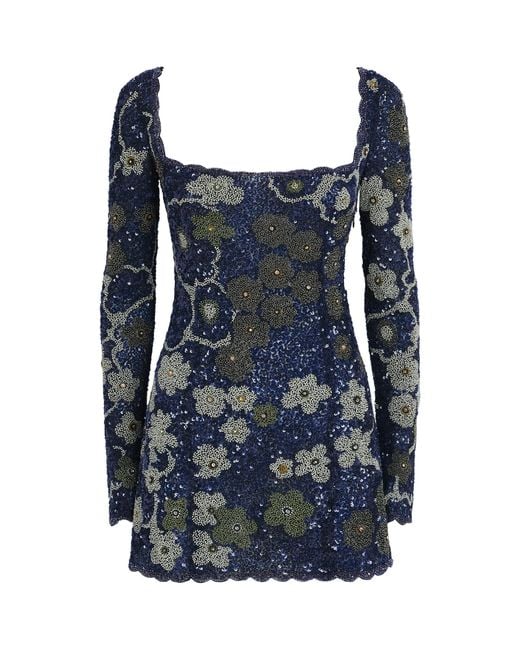 Clio Peppiatt Blue Beaded Dahlia Mini Dress
