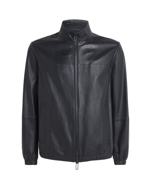 Emporio Armani Black Funnel-Neck Leather Jacket for men