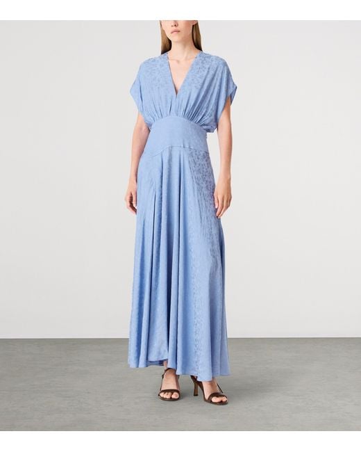 Maje Blue Satin Floral Midi Dress