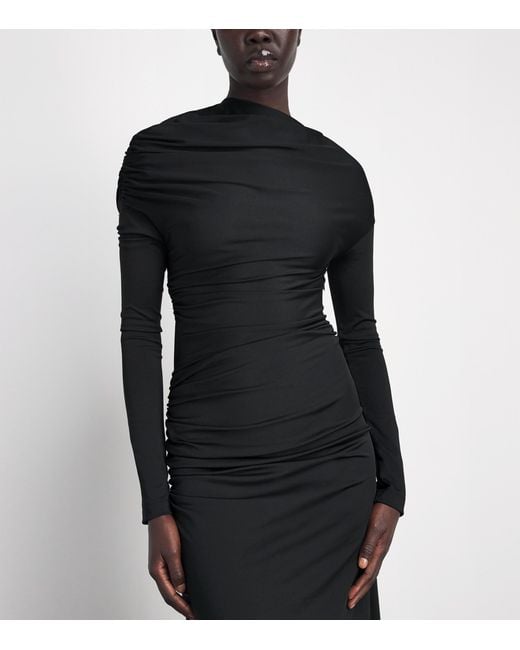 Victoria Beckham Black Gathered Shoulder Drape Long-Sleeve Gown