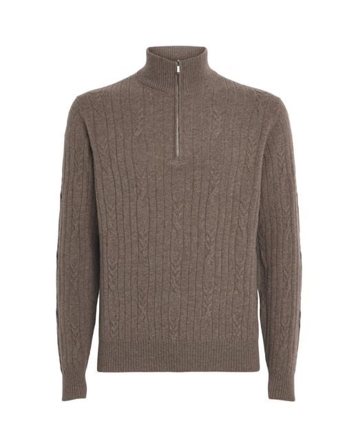 FIORONI CASHMERE Brown Cashmere Cable Knit Quarter-Zip Sweatshirt for men