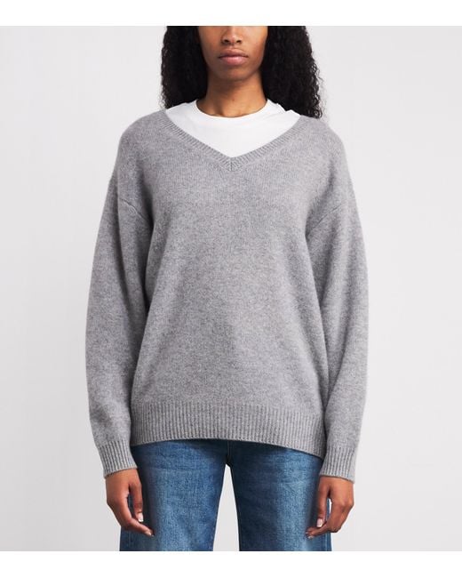 FRAME Gray Brushed Cashmere V-Neck Sweater