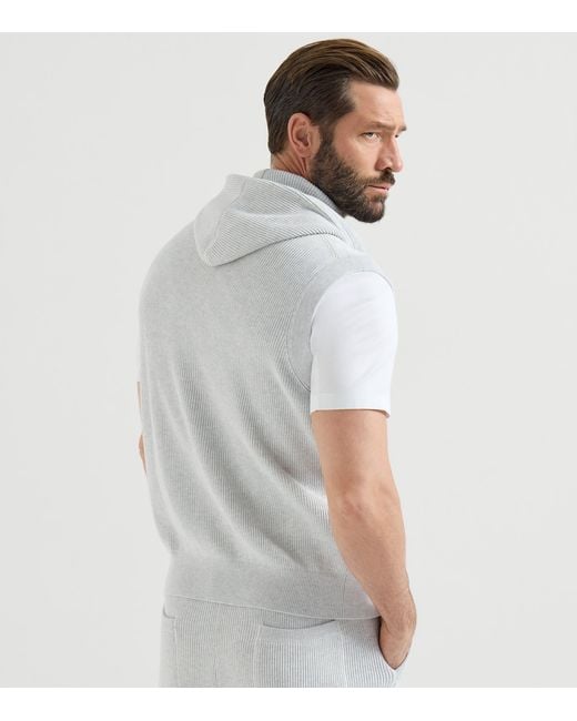 Brunello Cucinelli White Cotton Rib-Knit Sleeveless Hoodie for men
