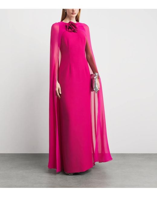 Roland Mouret Pink Rose Appliqué Cape-Detail Gown