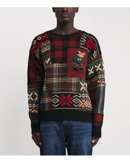 Polo Ralph Lauren Black Wool Patchwork Polo Bear Sweater for men