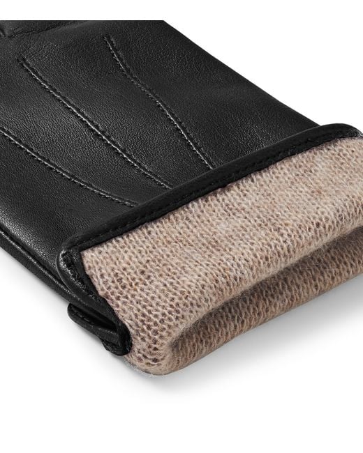 Aspinal Black Wool-Cashmere Lined Leather Gloves