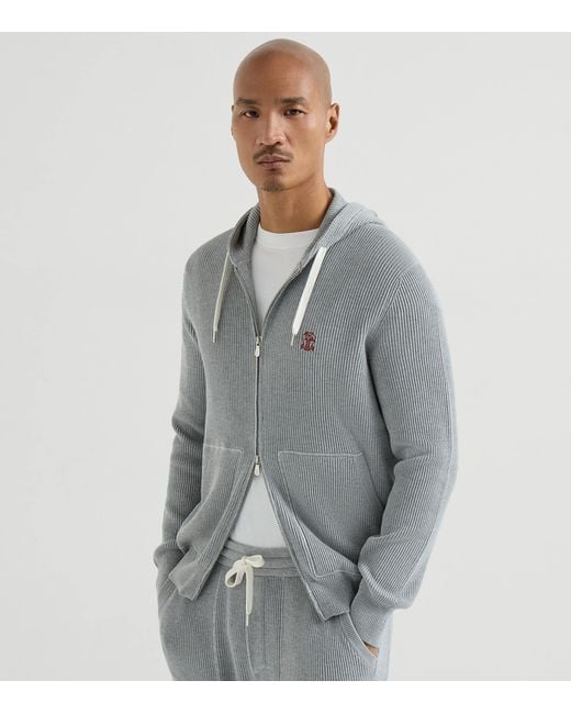 Brunello Cucinelli Gray Cotton Ribbed Zip-Up Hoodie for men