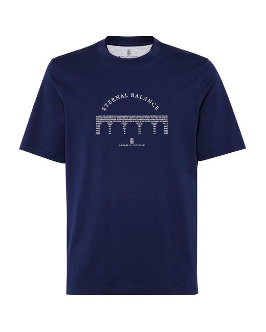 Brunello Cucinelli Blue Cotton Graphic Print T-shirt for men