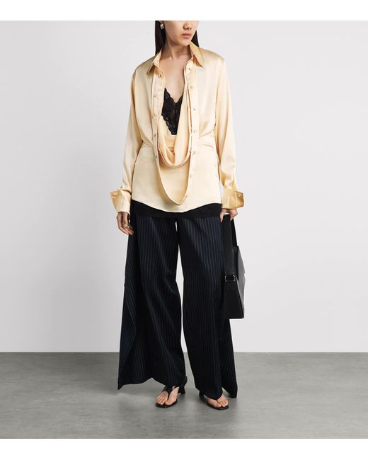 Late for Work Natural Satin Draped Shirt