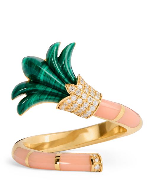 L'Atelier Nawbar Metallic Diamond, Malachite And Coral On A Vine Psychedeliah Ring